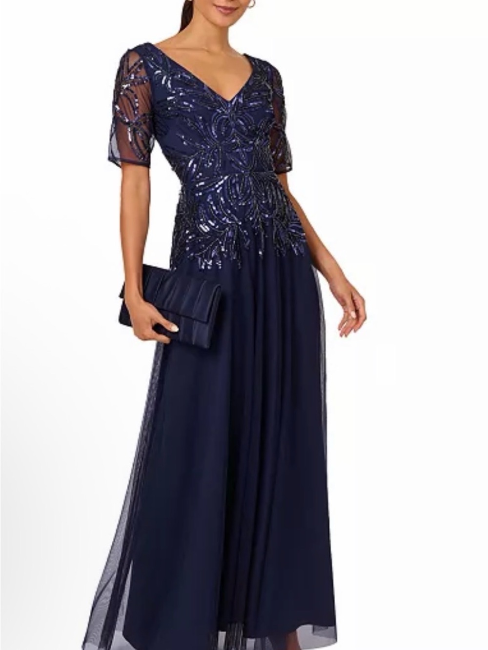 Adrianna Papell Navy Sequin Embroidered V-Neck Maxi Dress